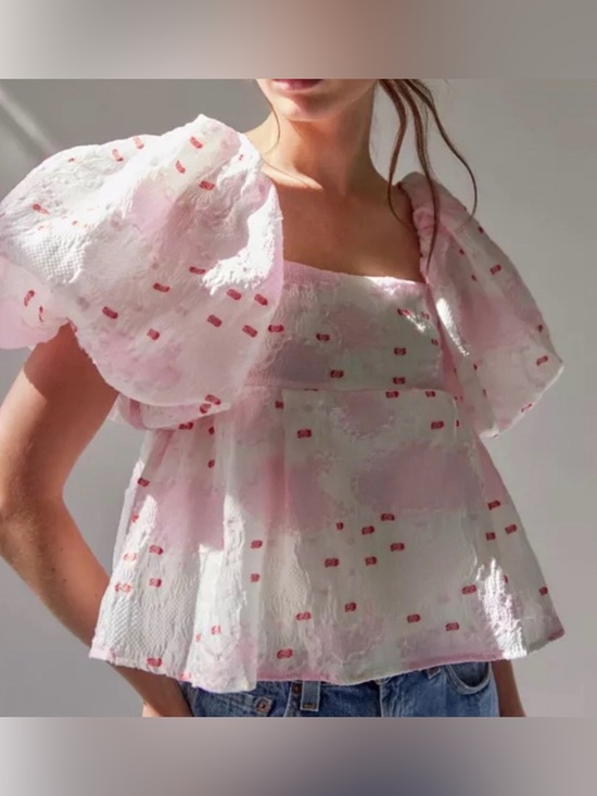 Sister Jane Tops - Sister Jane Red, White and Pink Puff Sleeve Babydoll Top medium